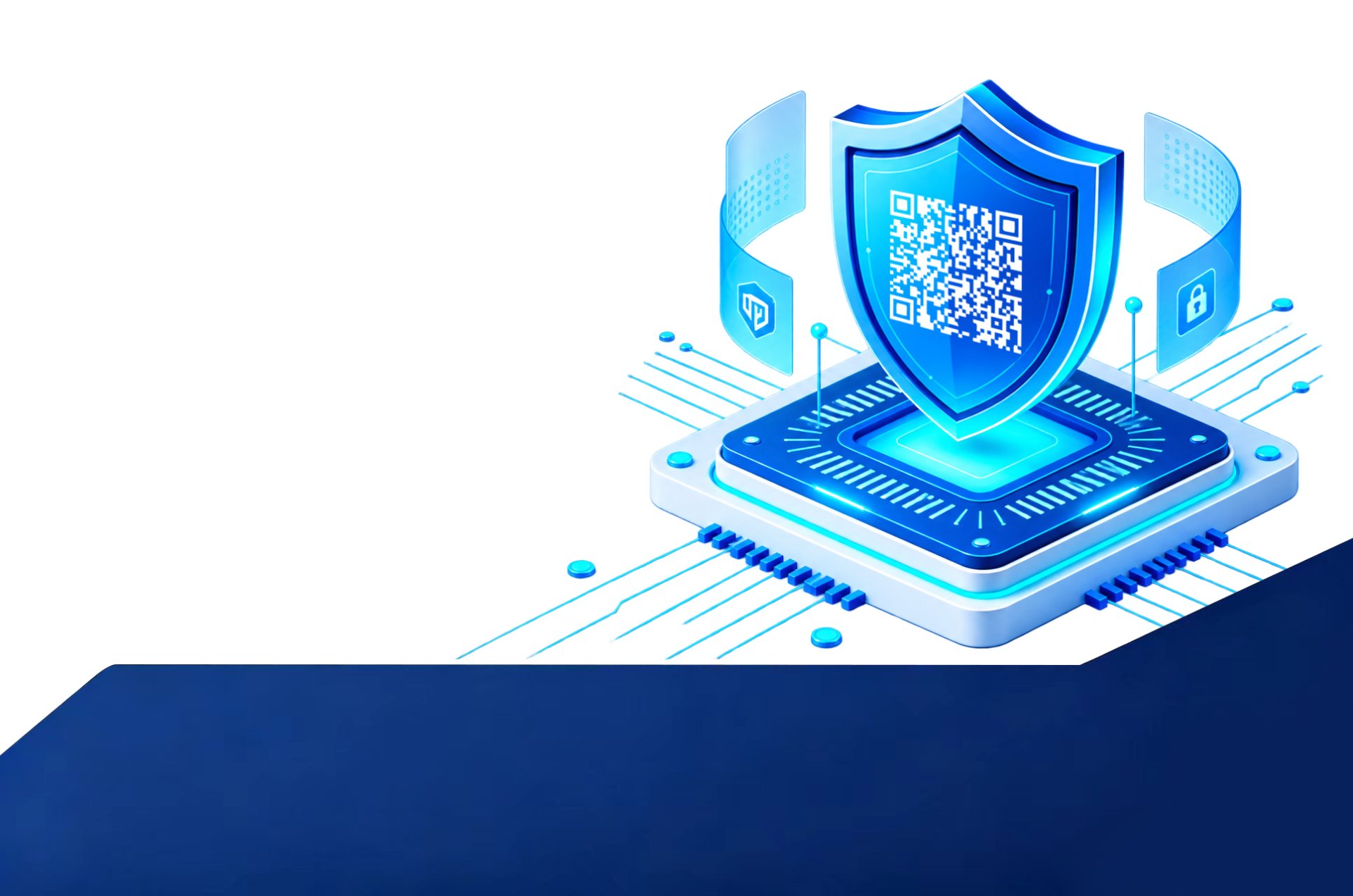 Anti-counterfeiting shield with QR code on a chip and blue bottom bar